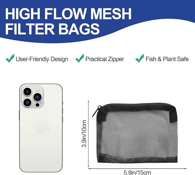 16 Pcs Aquarium Filter Media Bags with Plastic Zipper, Fish Tank Fine Mesh Bags for Activated Charcoal Aquarium, Reusable Aquarium Accessories for Carbon Bio Balls, Ceramic Rings(6in×8in and 4in×6in)