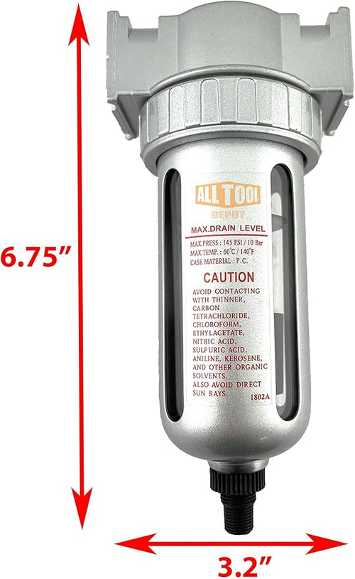 1/2" NPT MID FLOW Particulate Filter/Water Trap For Air Compressor Compressed Air Lines, 5u With Poly Bowl And Metal Bowl Guard (AUTO DRAIN)