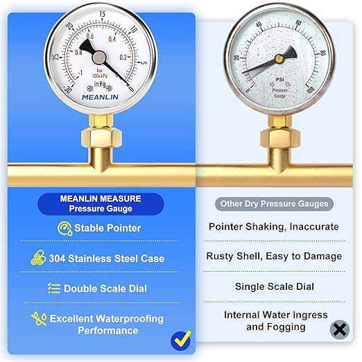 MEANLIN MEASURE -30inHG~0Psi Vacuum Gauge Stainless Steel 1/4" NPT 2" FACE DIAL Waterproof for Air Compressor HVAC Negative Pressure Hand Pump Pool Lower Mount, with 1/2" NPT and 3/8" NPT Hex Bushing
