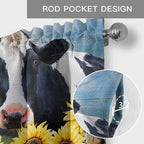 Cow Sunflowers Curtain Valances for Windows, Kitchen Valance Window Treatment, Farmhouse Animal Blue Sky Wooden Grain Light Filtering Block Curtains for Bathroom/Bedroom/Living Room 42'' x 18''