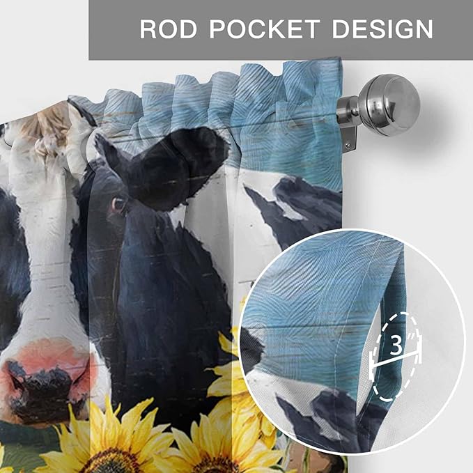 Cow Sunflowers Curtain Valances for Windows, Kitchen Valance Window Treatment, Farmhouse Animal Blue Sky Wooden Grain Light Filtering Block Curtains for Bathroom/Bedroom/Living Room 60'' x 18''