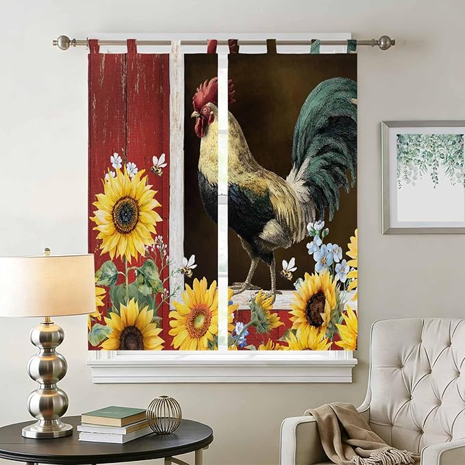 Chicken Sunflowers Bathroom Curtains 63 Inch Length, Window Curtains Tab Top, Farmhouse Animals Red Barn Bees Light Filtering Window Treatments Drapes 52"x63" 2 Panel
