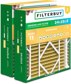Filterbuy 24x25x5 Air Filter MERV 11 Superior Pet & Allergy Defense (2-Pack), Electrostatic Pleated HVAC AC Furnace Filters for Carrier FILXXCAR0024, Maytag & More (Actual Size: 23.63 x 24.69 x 4.25)
