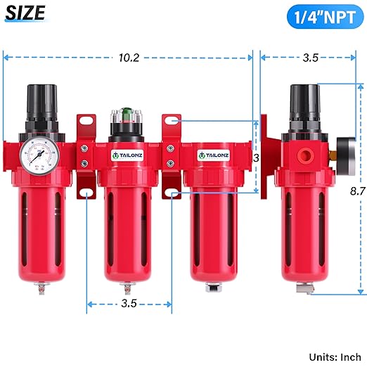 TAILONZ PNEUMATIC 0-150PSI 1/4 Inch NPT Aluminum Alloy Industrial Grade Three Stage Air Drying System, Particulate Filter, Coalescing Filter, Desiccant Dryer and Air Regulator (Manual Drainage)
