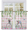 Spring Kitchen Curtains, Bicycles Leaves Butterfly Flowers Pink Buffalo Plaid Light Filtering Window Curtain Panels, 2Pcs Rod Pocket Window Treatments Set for RV Dining Room Study Room 42x54 Inches