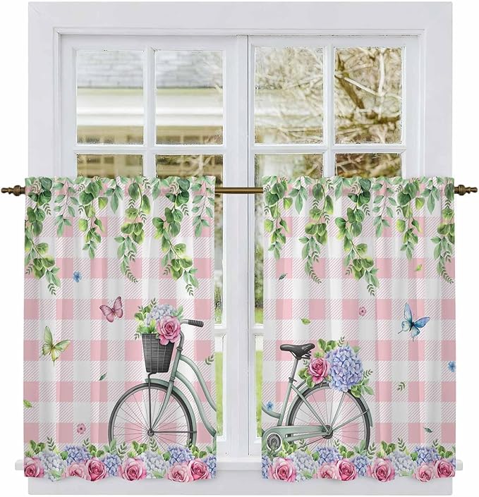 Spring Kitchen Curtains, Bicycles Leaves Butterfly Flowers Pink Buffalo Plaid Light Filtering Window Curtain Panels, 2Pcs Rod Pocket Window Treatments Set for RV Dining Room Study Room 42x54 Inches