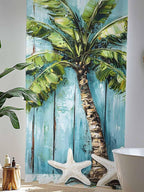 Sheer Curtains 96 Inches Long, Coastal Beach Starfish Semi Sheer Curtains Light Filtering Window Treatment, Blue Green Tropical Palm Tree Wood Grain Privacy Voile Drapes for Living Room 52x96 Inch