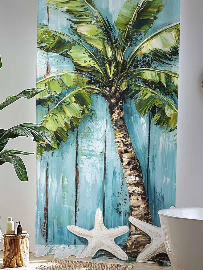 Sheer Curtains 108 Inches Long, Coastal Beach Starfish Semi Sheer Curtains Light Filtering Window Treatment, Blue Green Tropical Palm Tree Wood Grain Privacy Voile Drapes for Living Room 52x108 Inch