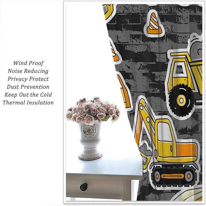 Kids Construction Excavator Window Curtains, Yellow Excavator Transporter Truck Cartoon Vehicles Rod Pocket Decorative Window Curtain for Children Teens Room 84x84in (30% Blackout)