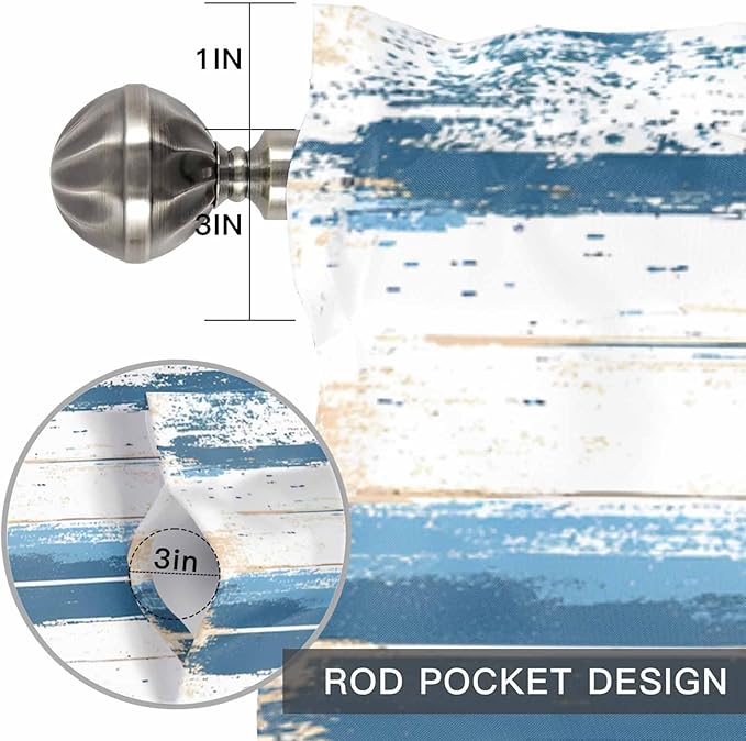 Vintage Blue Valances for Windows, Brown Wood Grain Mottled Texture Abstract Art Kitchen Valance Light Filtering Rod Pocket Short Curtains for Kitchen Bathroom, 1 Panel, 42"x12"