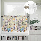 Happy Easter Kitchen Curtains Set 3 Piece for Windows,Rod Pocket Valance and Tier Set 36 Inch Length,Spring Grey Bunny Colorful Eggs Flower Brown Light Filtering Cafe Curtains for Living Room