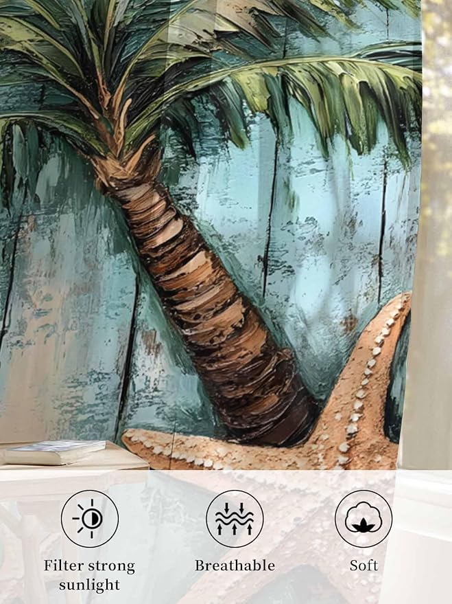Sheer Curtains 96 Inches Long, Coastal Blue Green Tree Semi Sheer Curtains Light Filtering Window Treatment, Beach Tropical Vintage Wood Grain Privacy Voile Drapes for Living Room Bedroom 52x96 Inch