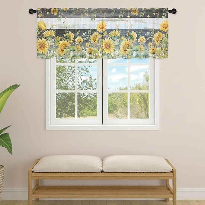 Summer Floral Sheer Valance Curtains, Watercolor Sunflower Eucalyptus Leaves Black Wood Grain Light Filtering Kitchen Valances Rod Pocket Voile Curtain for Bedroom/Living Room/Basement 60Wx18L