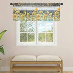 Summer Floral Sheer Valance Curtains, Watercolor Sunflower Eucalyptus Leaves Black Wood Grain Light Filtering Kitchen Valances Rod Pocket Voile Curtain for Bedroom/Living Room/Basement 42Wx18L