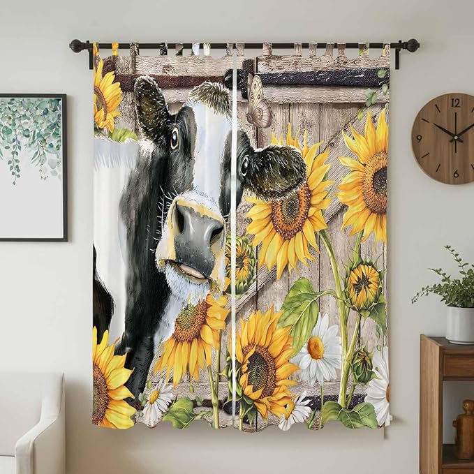 Retro Farmhouse Flower Living Room Curtains 84 Inch Length, Window Curtains Tab Top, Yellow Sunflowers Cow Barn Doors Brown Light Filtering Window Treatments Drapes 52"x84" 2 Panel