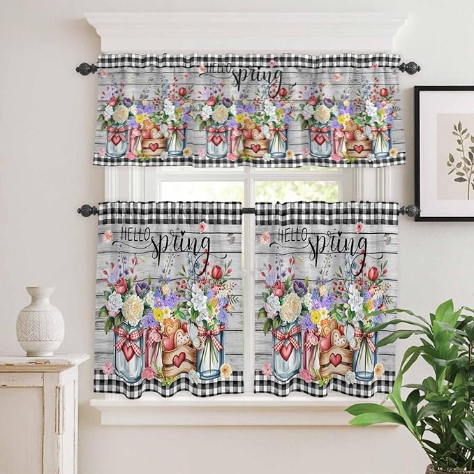 Spring Flowers Kitchen Curtains Set 3 Piece for Windows, Rod Pocket Valance and Tier Set 24 Inch Length, Farmhouse Black Plaid Wood Grain Light Filtering Cafe Curtains for Living Room Bathroom