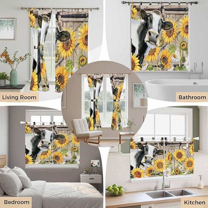 Retro Farmhouse Flower Kitchen Curtains 45 Inch Length, Short Cafe Window Curtains Tab Top, Yellow Sunflowers Cow Barn Doors Brown Light Filtering Window Treatments Tier Drapes 27.5"x45" 2 Panel