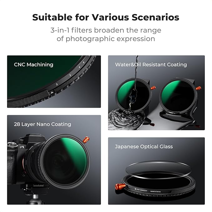 K&F CONCEPT 43mm Black Diffusion Mist Effect 1/4 & Variable ND2-32(1-5 Stops) & Circular Polarizing Filter CPL-in 1 HD Lens Filter with 28 Multi-Coatings for Camera Lenses (Nano-X Series)