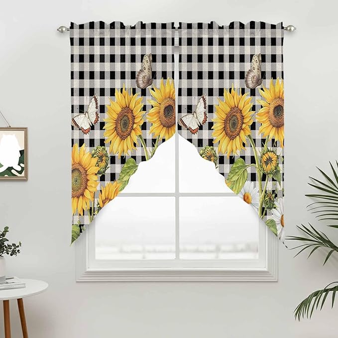 Sunflowers Swag Valances for Windows, Yellow Flowers Butterfly Farmhouse Black Plaid Rod Pocket Kitchen Curtains Valance, Kitchen Window Curtains Swag for Cafe Living Room, 2 Panels, 36x63 inch