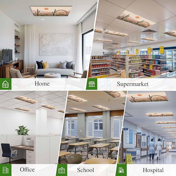 Fluorescent Light Covers for Ceiling Lights Cactus Desert Magnetic Light Filters 4 Pack 4x2 ft Sun Mountain Rainbow Bohemian Style Ceiling Lights Cover for Classroom Office School Home Drop Lamp Decor