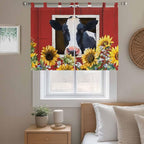 Cow Sunflowers Kitchen Curtains 45 Inch Length, Short Cafe Window Curtains Tab Top, Botanical Floral Leaves Bees Farm Barn Light Filtering Window Treatments Tier Drapes 27.5"x45" 2 Panel