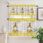 Yellow Gnomes Kitchen Curtains Set 3 Piece for Windows, Rod Pocket Valance and Tier Set 36 Inch Length, Spring Bees Daisy Plaid Wooden Grain Light Filtering Cafe Curtains for Living Room Bathroom