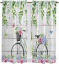 Spring Kitchen Curtains, Bicycles Botanical Rose Leaves Butterfly Wood Grain Light Filtering Window Curtain Panels, 2Pcs Rod Pocket Window Treatments Set for Living Room Bathroom Bedroom 42x63 Inches