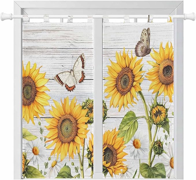 Yellow Sunflowers Bedroom Curtains 72 Inch Length, Window Curtains Tab Top, Vintage Country Flowers Butterfly Wood Board Light Filtering Window Treatments Drapes 52"x72" 2 Panel