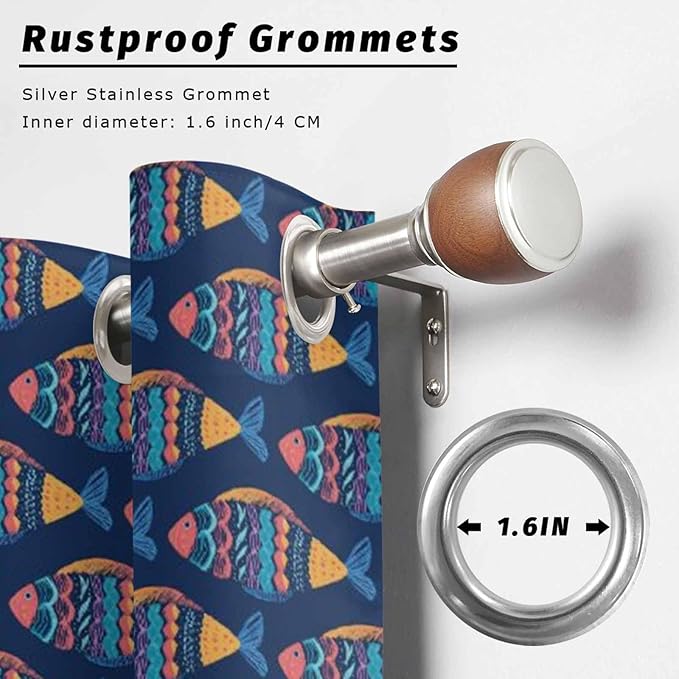Fish Outdoor Curtains for Patio Vintage National Wind Fish Blue Waterproof Outside Curtains with Grommet Top Weatherproof Curtain for Cabana Pergola Gazebo, 1 Panel, 54" W x 84" L
