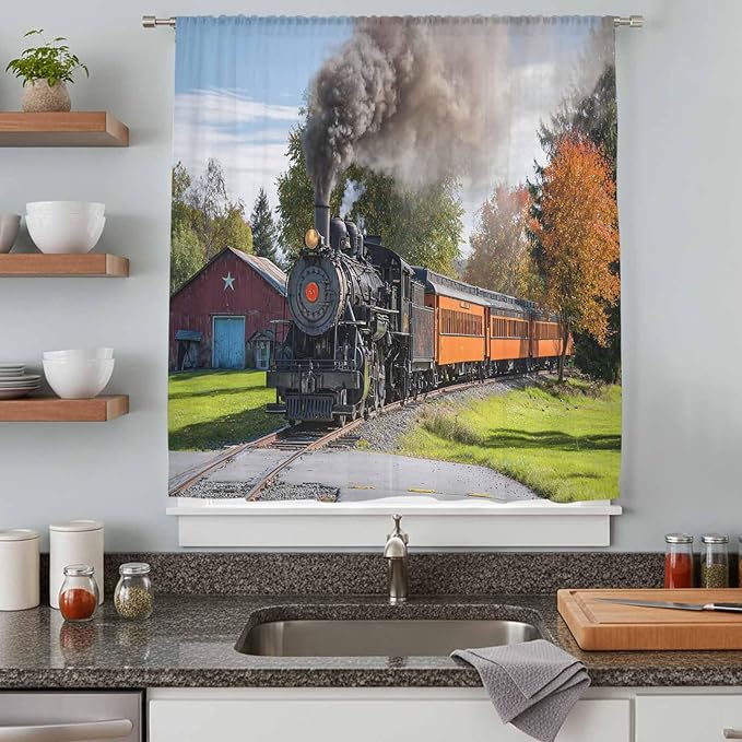 Steam Train Sheer Curtains 72 Inch Length Railroad Country Barn Rustic Trees Farmhouse Chiffon Curtain for Bedroom Living Room Light Filtering Rod Pocket Window Treatments Voile Curtains Drapes