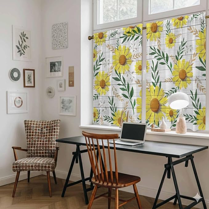 Yellow Daisy Kitchen Curtains, Farmhouse Country Flower Leaf Plant Wood Grain Light Filtering Window Curtain Panels, 2Pcs Rod Pocket Window Treatments Set for RV Dining Room Study Room 42x54 Inches