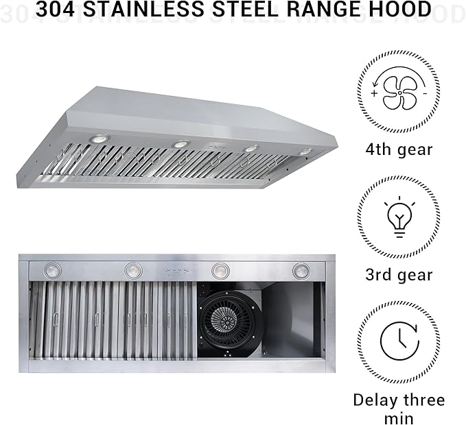 CHETTO C Stainless Steel Range Hood Cover with Quiet Vent Hood Insert Custom Handcrafted Metal Kitchen Fan with Towel Rack LED Light 48"W x27"D x27"H Brushed Stainless Steel Island Mount