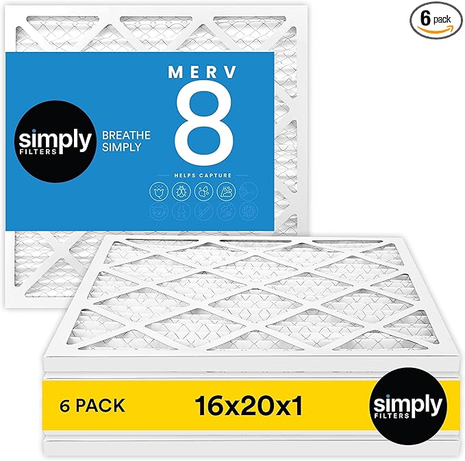 Simply 16x20x1 Air Filter, MERV 8, 6 Pack, For Home AC Furnace & HVAC (Actual Size: 15.75"x19.75"x0.75") DUST, Pet, & Allergy Control