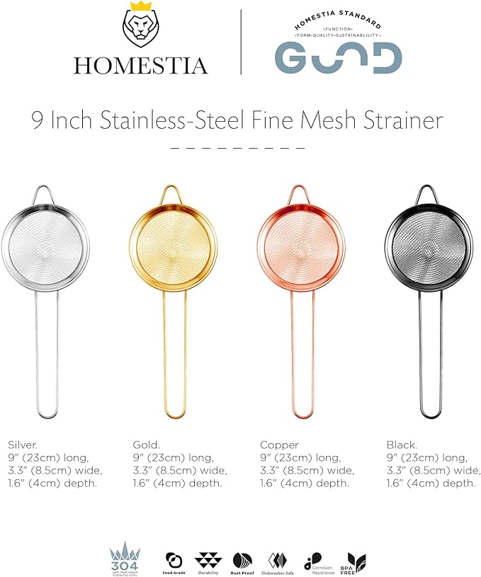 Homestia Fine Mesh Strainer for Kitchen, 304 Stainless Steel Cocktail Sieve Sifters for Food, Liquid Strainer for Drinks, Tea, Coffee, Juice, Flour, Spice, Fruits, Vegetables (Gold, 2 Pieces)