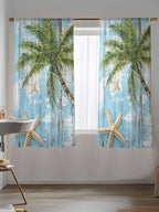 Sheer Curtains 63 Inch Length, Coastal Beach Blue Semi Sheer Curtains Light Filtering Window Treatment, Tropical Coconut Tree Vintage Wood Grain Privacy Voile Drapes for Living Room Bedroom 52x63 Inch