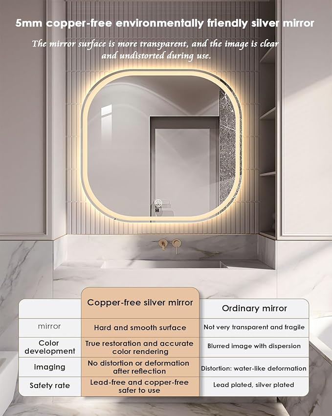JSLJDM 500X500 mm Illuminated Backlit LED Bathroom Mirror, Wall Mounted Multifunction Bathroom Vanity Mirror with Lights and Demister Pad, Energy-Saving Illuminated Smart Mirror 50cm tricolorlight