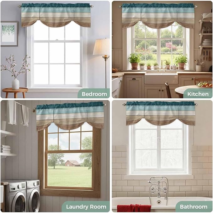 Teal Brown Tie Up Valance Curtains for Windows, Kitchen Curtains Window Shades, Farmhouse Vintage Abstract Wooden Grain Light Filtering Roman Curtain Valances for Bedroom/Bathroom/Cafe 42"x12"