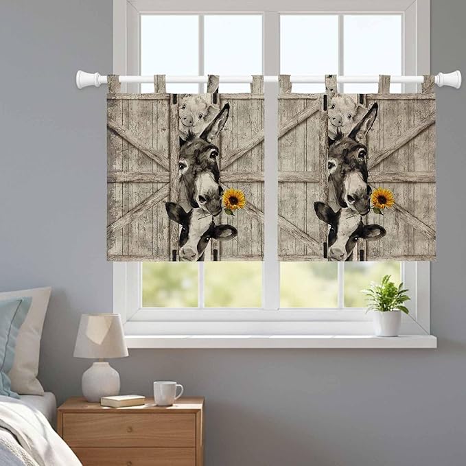 Funny Farm Animals Kitchen Curtains 36 Inch Length, Small Window Curtains Tab Top, Vintage Barn Brown Sunflowers Light Filtering Short Window Treatments Tier Drapes 27.5"x36" 2 Panel