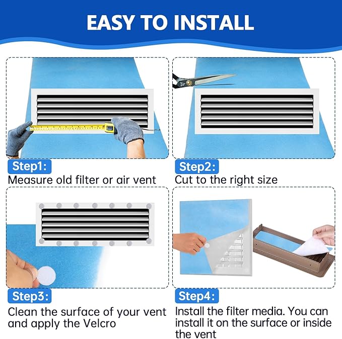 Air Vent Filters, 12" x 140" Cut to Fit Air Filter Material (70+ Filters),MERV 8 Triple Electrostatic Vent Filter for AC, HVAC Furnace, Grilles and Mobile Home-Includes 48 Adhesive Hook Tape