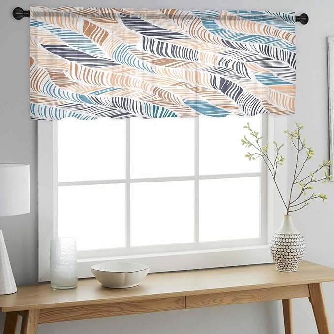 Abstract Stripes Sheer Valance Curtains, Brown Blue Gradient Wavy Lines Leaf Texture Light Filtering Kitchen Valances Rod Pocket Voile Curtain Window Treatment for Bedroom/Living Room/Basement 42Wx18L