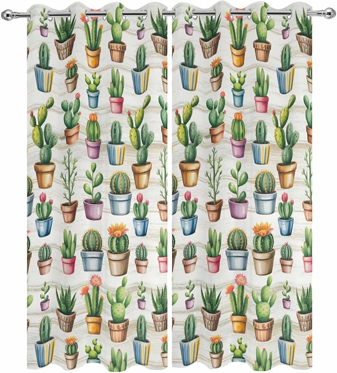 Summer Cactus Outdoor Curtains for Patio Cactus Tropical Plant Wooden Waterproof Outside Curtains with Grommet Top Weatherproof Curtain for Cabana Pergola Gazebo, 2 Pack, 54" W x 84" L