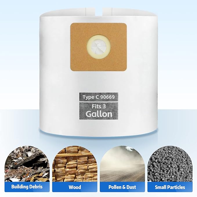 for Shop Vac Bags 3 Gallon, Type C - 90669 9066900 9066933 Vacuum Cleaner Disposable Collection Filter Bags 5 PCS
