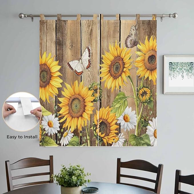Farmhouse Sunflowers Living Room Curtains 84 Inch Length, Window Curtains Tab Top, Rustic Floral Buttterfly Wood Board Brown Light Filtering Window Treatments Drapes 42"x84" 2 Panel