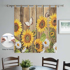 Farmhouse Sunflowers Bathroom Curtains 63 Inch Length, Window Curtains Tab Top, Rustic Floral Buttterfly Wood Board Brown Light Filtering Window Treatments Drapes 52"x63" 2 Panel