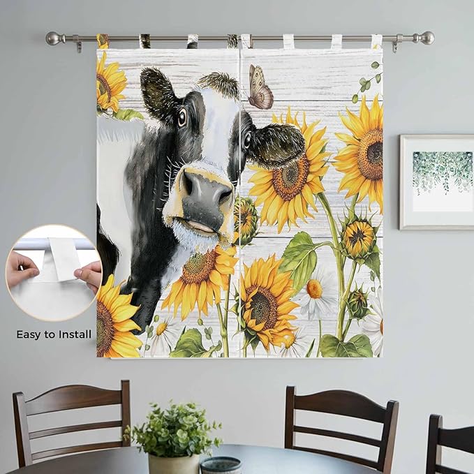 Retro Farmhouse Floral Bathroom Curtains 63 Inch Length, Window Curtains Tab Top, Yellow Sunflowers Cows Butterfly Wood Light Filtering Window Treatments Drapes 52"x63" 2 Panel