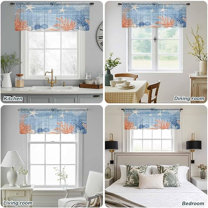 Ocean Corals Sheer Valance Curtains, Summer Beach Coral Sea Stars Blue Stripes Light Filtering Kitchen Valances Rod Pocket Voile Curtain Window Treatment for Bedroom/Living Room/Basement 54Wx18L