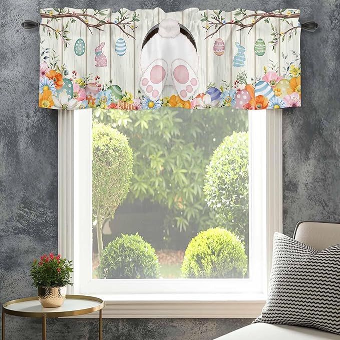 Easter Curtain Valances for Windows, Kitchen Valance Window Treatment, Spring Farmhouse Watercolor Bunny Eggs Wood Grain Light Filtering Block Curtains for Bathroom/Bedroom/Living Room 54'' x 18''