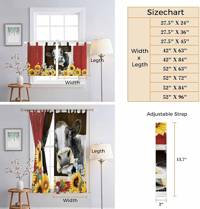 Cows Sunflowers Living Room Curtains 84 Inch Length, Window Curtains Tab Top, Rustic Farms Barns Flowers Bees Animals Light Filtering Window Treatments Drapes 52"x84" 2 Panel