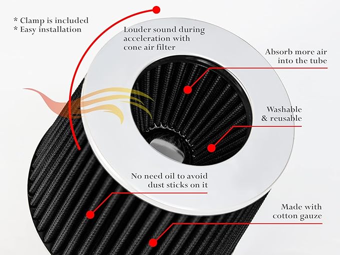 BLACK 6" 152 mm Inlet Short Truck Air Cone Replacement Performance Washable Clamp-On Dry Air Filter (6" Tall)
