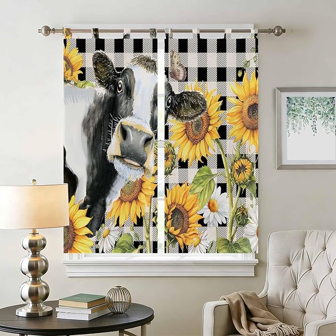 Retro Sunflowers Bedroom Curtains 72 Inch Length, Window Curtains Tab Top, Farmhouse Floral Cow Butterfly Black Plaid Light Filtering Window Treatments Drapes 52"x72" 2 Panel